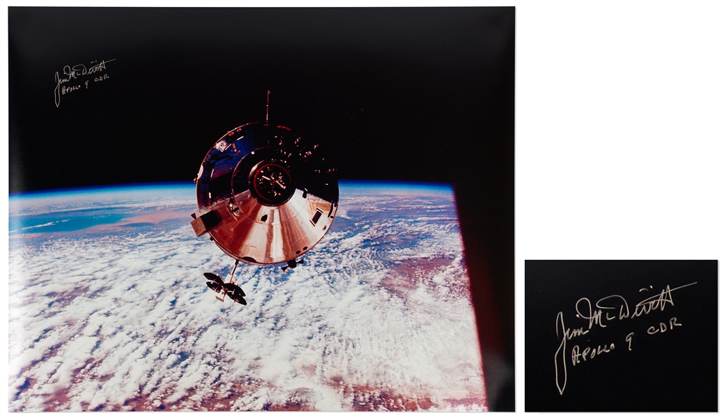 James McDivitt Signed 20'' x 16'' Photo of Command Module Gumdrop, as Seen by McDivitt in the Lunar Module
