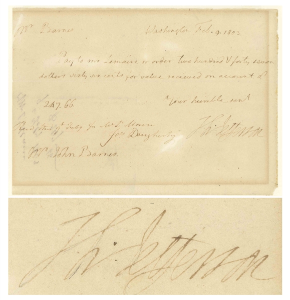 Thomas Jefferson Autograph Letter Signed as President, Authorizing John Barnes to Pay Étienne Lemaire, His Steward in the Executive Mansion