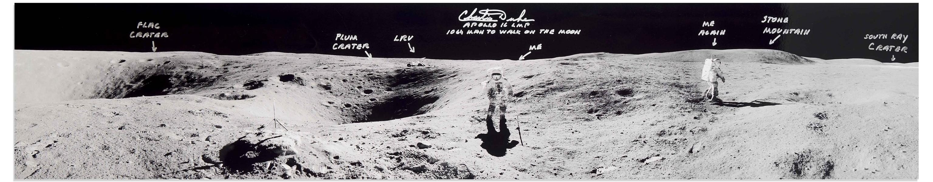 Charlie Duke Signed 40'' Panoramic Photo of the Lunar Surface During the Apollo 16 Mission -- With Duke's Hand Notations