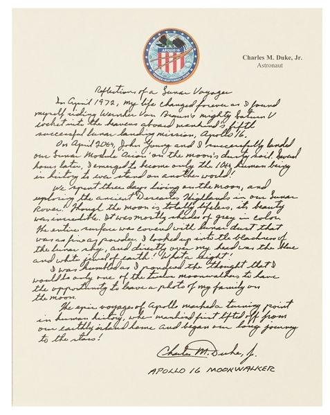 Charlie Duke Signed Handwritten Remembrance on His Three Days Spent on the Moon, Entitled ''Reflections of a Lunar Voyager''