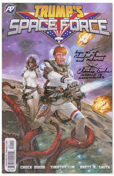 Apollo Astronauts Charlie Duke and Frank Borman Signed Copy of ''Trump's Space Force'' -- Duke Writes ''Sign me up President Trump and Melania''