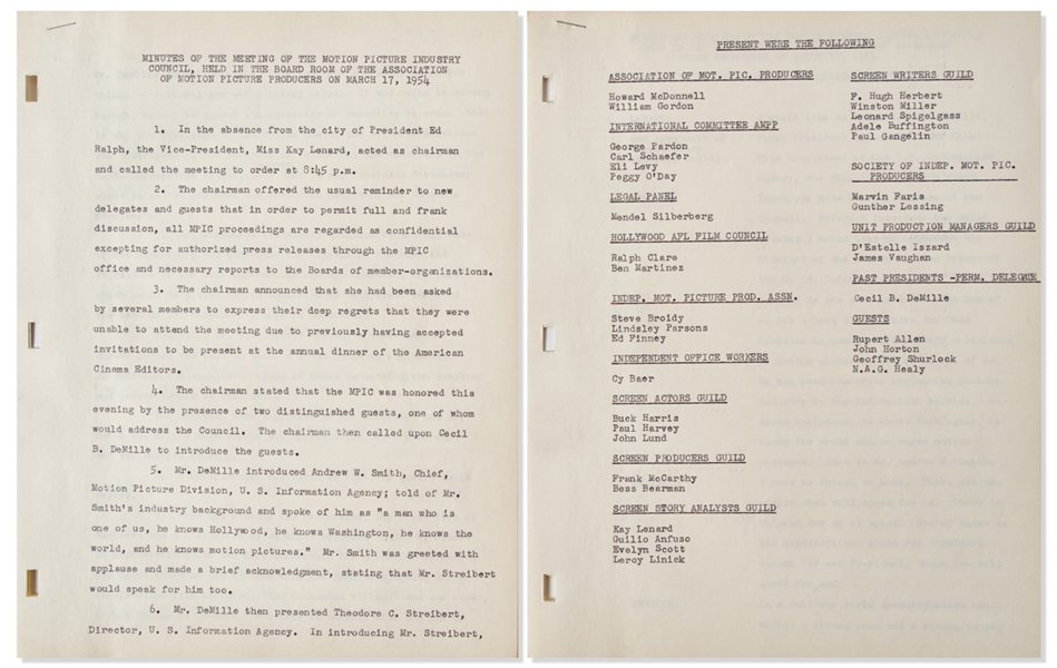Ronald Reagan Document Signed from 1954 as Secretary of the Motion Pictures Industry Council