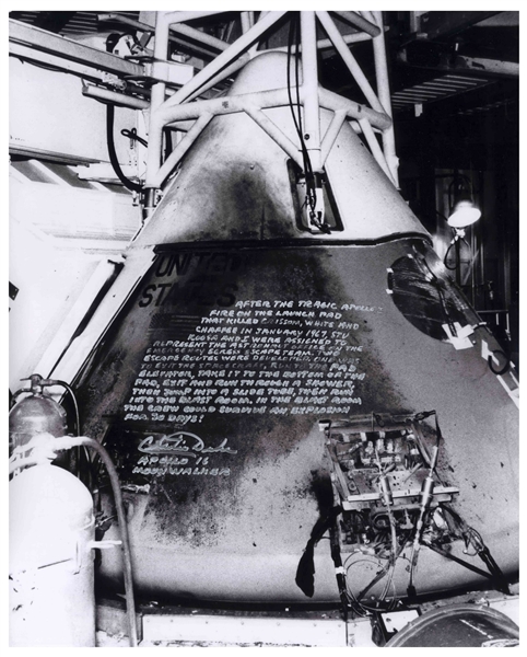 Apollo 16 Moonwalker Charlie Duke Signed 16'' x 20'' Photo of the Destroyed Apollo 1 Command Module -- Duke Served on the Post-Fire Team to Improve Safety for the Apollo Astronauts