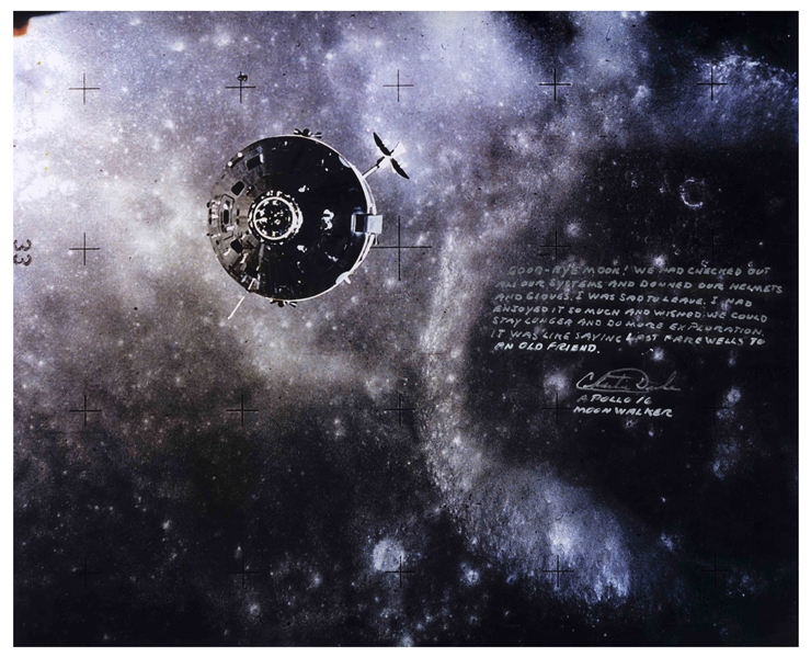 Charlie Duke Signed 20'' x 16'' Photo of the Apollo 16 Lunar Module After Leaving the Moon -- ''Good-Bye Moon!...It was like saying last farewells to an old friend''