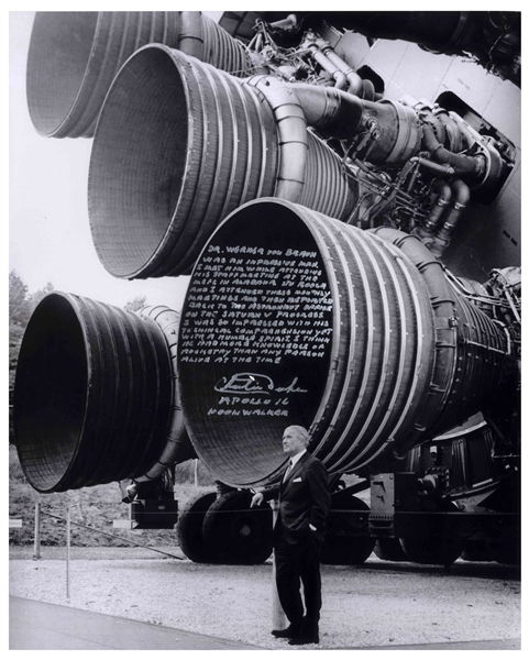 Charlie Duke Signed 16'' x 20'' Photo of Wernher von Braun Standing Next to the Apollo Saturn V Rocket -- ''...he had more knowledge of rocketry than any person alive at the time...''