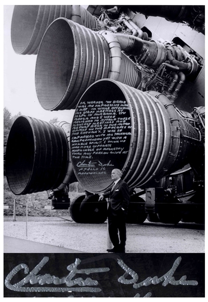 Charlie Duke Signed 16'' x 20'' Photo of Wernher von Braun Standing Next to the Apollo Saturn V Rocket -- ''...I think he knew more about rocketry than any person alive at the time!''