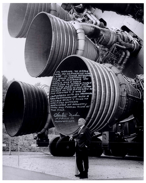 Charlie Duke Signed 16'' x 20'' Photo of Wernher von Braun Standing Next to the Apollo Saturn V Rocket -- ''...I think he knew more about rocketry than any person alive at the time!''