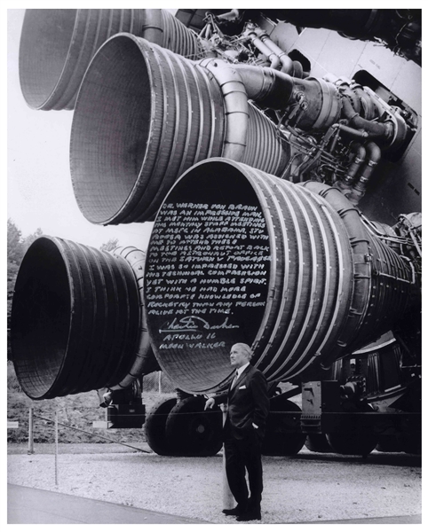 Charlie Duke Signed 16'' x 20'' Photo of Wernher von Braun Standing Next to the Apollo Saturn V Rocket -- ''...he had more corporate knowledge of rocketry than any person alive at the time...''