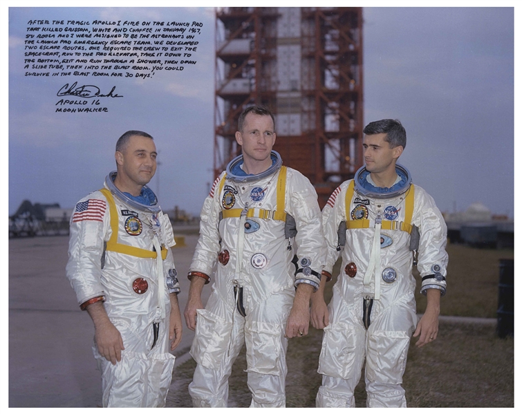 Apollo 16 Moonwalker Charlie Duke Signed 20'' x 16'' Photo of the Apollo 1 Crew -- Duke Served on the Post-Fire Team to Improve Safety for the Apollo Astronauts