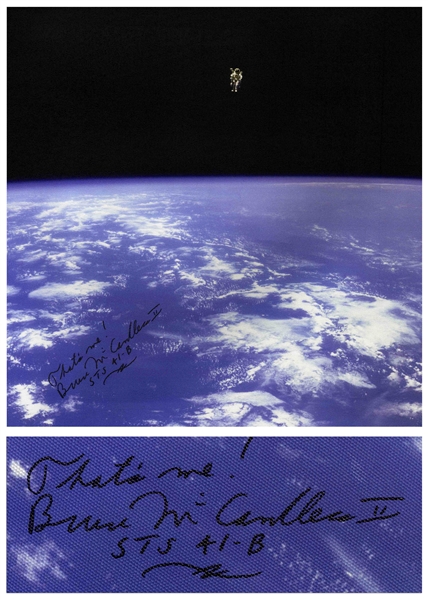 Bruce McCandless Signed 16'' x 16'' Canvas of Him Performing the First Untethered Spacewalk -- With Beckett COA
