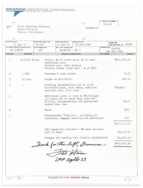 Fred Haise Signed Souvenir Copy of the Infamous Grumman ''Towing Invoice'' for Apollo 13