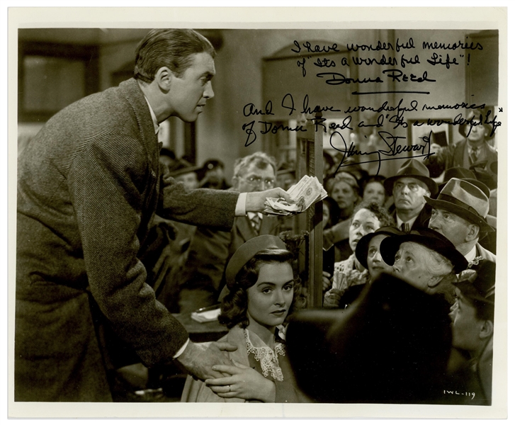 Rare 10'' x 8'' Photo Signed by Both James Stewart and Donna Reed From ''It's a Wonderful Life'' With Memorable Captions -- ''I have wonderful memories of 'It's a Wonderful Life'!''