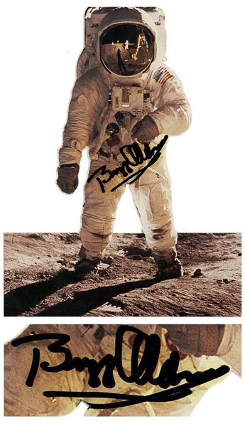 Buzz Aldrin Signed Card -- Photo Cutout of Buzz on the Moon