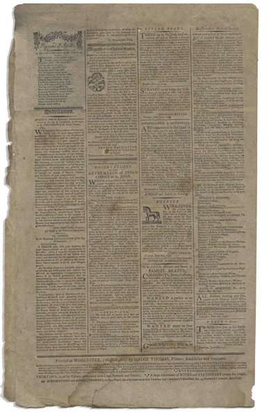 Important Newspaper in the History of Judaica in America -- The 1 July 1790 Issue of the ''Massachusetts Spy'' Where President George Washington Addresses the Jewish Community of Savannah, Georgia