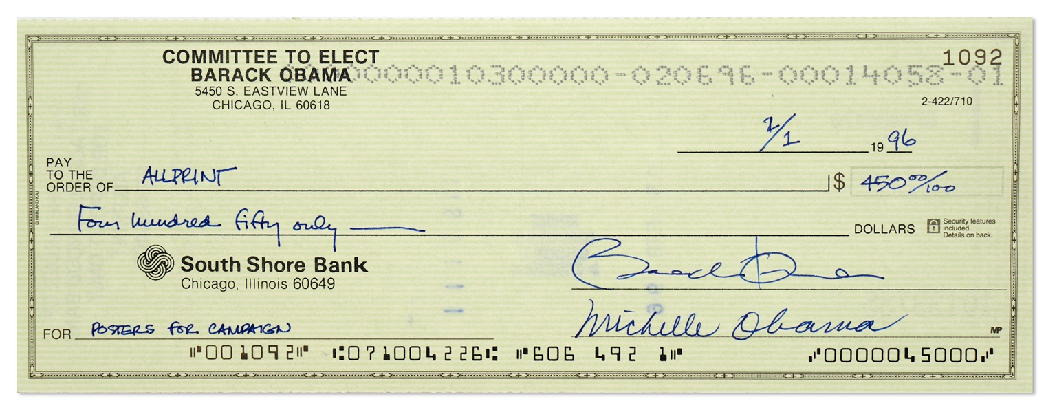 Barack and Michelle Obama Dual-Signed Check From the ''Committee to Elect Barack Obama'' Bank Account -- Filled Out in Barack Obama's Hand