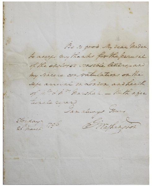 George Washington Autograph Letter Signed as President to Robert Morris's Wife -- ''...my sincere congratulations on the safe arrival in London...'' -- With University Archives COA