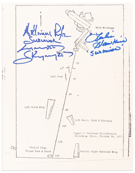Lynyrd Skynyrd Survivors Artimus Pyle and Leslie Hawkins Signed Diagram of the 1977 Plane Crash