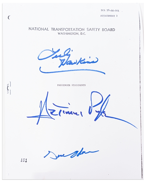 Lynyrd Skynyrd Survivors Artimus Pyle and Leslie Hawkins Signed Report of the 1977 Plane Crash -- Also Signed by Bodyguard and Survivor Gene Odom