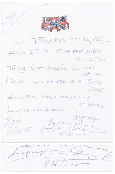 Lynyrd Skynyrd ''Freebird'' Lyrics Handwritten and Signed by Drummer Artimus Pyle -- Also Signed by Lynyrd Skynyrd Band Members Bob Burns and Leslie Hawkins