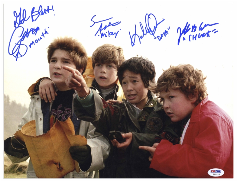 ''The Goonies'' Cast-Signed 14'' x 11'' Photo -- Signed by All Four Who Also Add Their Character Names -- With PSA/DNA COA