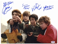 The Goonies Cast-Signed 14 x 11 Photo -- Signed by All Four Who Also Add Their Character Names -- With PSA/DNA COA