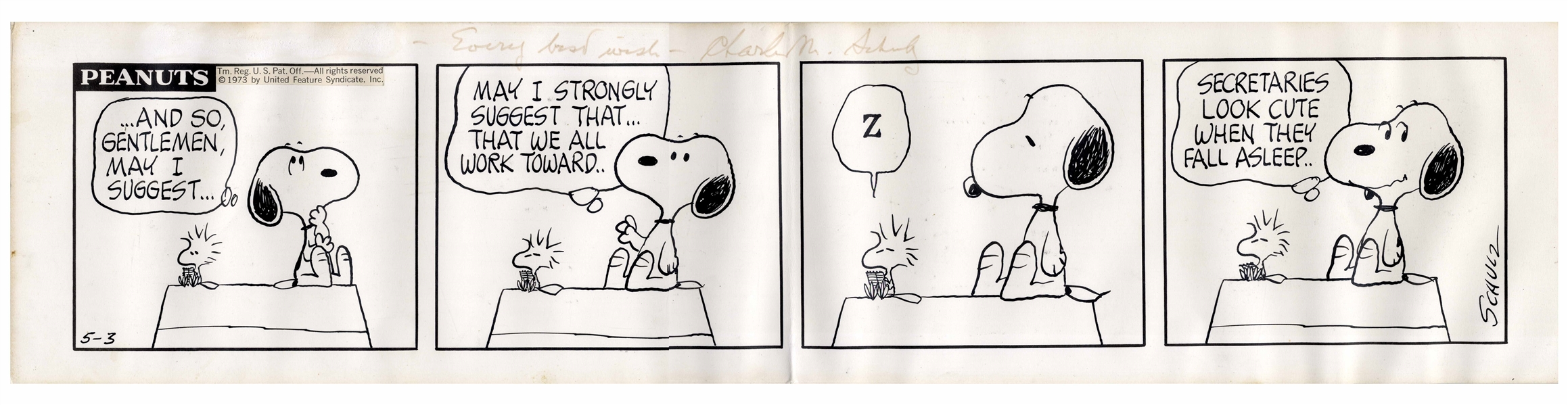 Charles Schulz Original Hand-Drawn ''Peanuts'' Comic Strip Featuring Snoopy & Woodstock as His Secretary