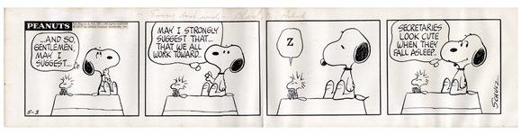 Charles Schulz Original Hand-Drawn Peanuts Comic Strip Featuring Snoopy & Woodstock as His Secretary
