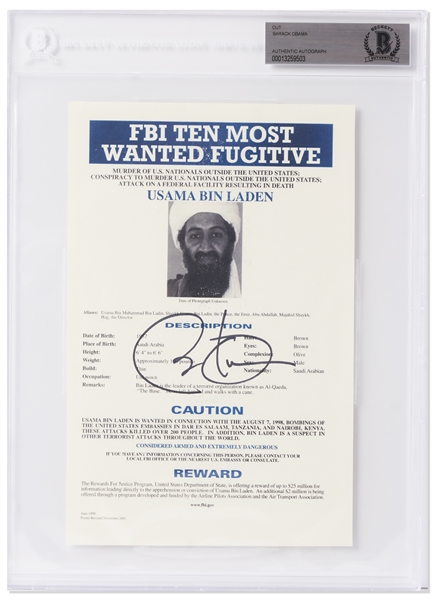 Barack Obama Signed Photo of Osama bin Laden's FBI Most Wanted Poster -- Beckett Encapsulated