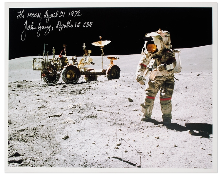John Young Signed 10'' x 8'' Photo of Him Standing on the Moon With the Lunar Rover -- ''The MOON''