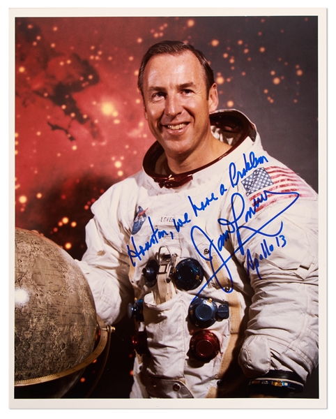 James Lovell Signed 8'' x 10'' White Spacesuit Photo -- ''Houston, we have a problem''