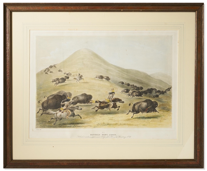 Original George Catlin Hand-Colored Lithograph From ''North American Indian Portfolio'' 1845 Ackerman Edition -- ''Buffalo Hunt, Chase''