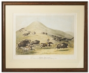 Original George Catlin Hand-Colored Lithograph From North American Indian Portfolio 1845 Ackerman Edition -- Buffalo Hunt, Chase