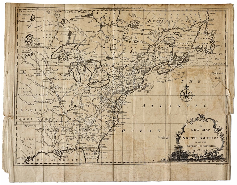 1761 Map of North America in the Rare First State, ''A New Map of North America from the Latest Discoveries''