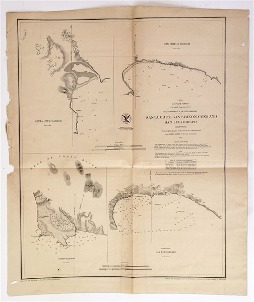 California Map From 1852 of the Santa Cruz, San Simeon, Coxo, and San Luis Obispo Harbors