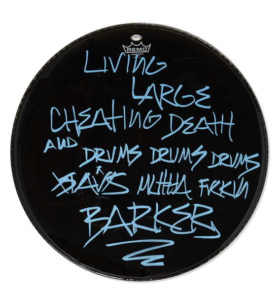Large 23'' Drumhead Signed by Travis Barker of Blink-182 -- With PSA/DNA COA