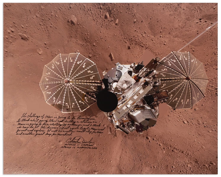 Apollo 16 Moonwalker Charlie Duke Signed 20'' x 16'' Photo of the Phoenix Lander on Mars -- ''The human spirit wants to go to Mars...another small step for man and another giant leap for mankind.''