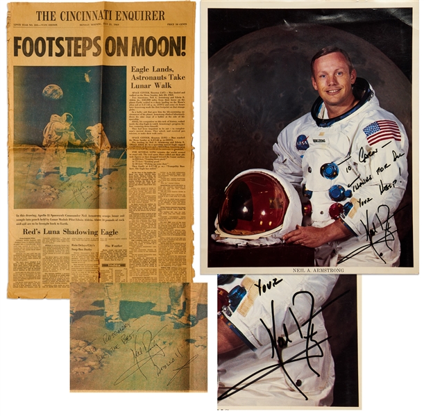 Neil Armstrong Signed 8'' x 10'' White Spacesuit Photo -- Plus Signed Newspaper From 21 July 1969 Exclaiming ''Footsteps on Moon!'' -- With Steve Zarelli COAs
