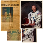 Neil Armstrong Signed 8 x 10 White Spacesuit Photo -- Plus Signed Newspaper From 21 July 1969 Exclaiming Footsteps on Moon! -- With Steve Zarelli COAs