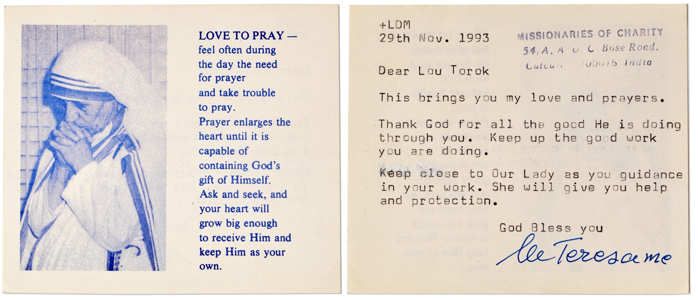 Mother Teresa Signed Prayer Card