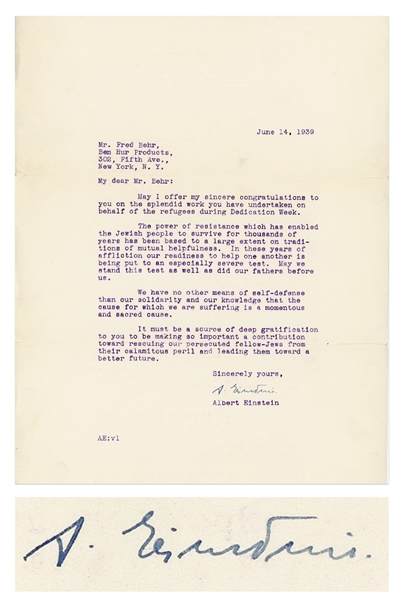 Albert Einstein Letter Signed During WWII -- ''The power of resistance which has enabled the Jewish people to survive...our readiness to help one another is being put to an especially severe test''