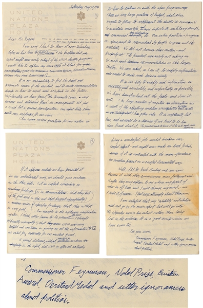 Richard Feynman Handwritten Letter Signed to William Rogers, Chairman of the Space Shuttle Challenger Commission -- Feynman Signs Off, ''Richard Feynman...utter ignoramus about politics''