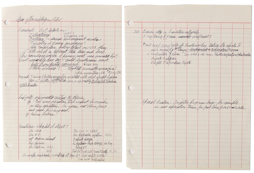 Richard Feynman Handwritten Document Just Days After Joining the Rogers Commission -- Feynman Writes ''check for o ring seal'' & ''Low safety factors?''