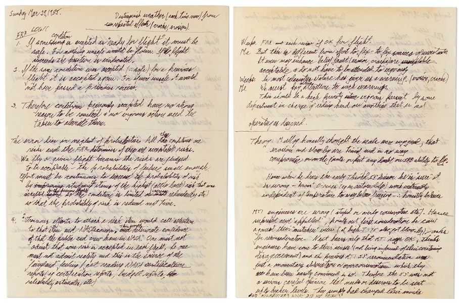 Richard Feynman Handwritten Diary-Style Document, Trying to Understand the Faulty Decision Making at NASA After the Challenger Disaster -- ''...the 'fairyland' feeling I get reading NASA reports...''