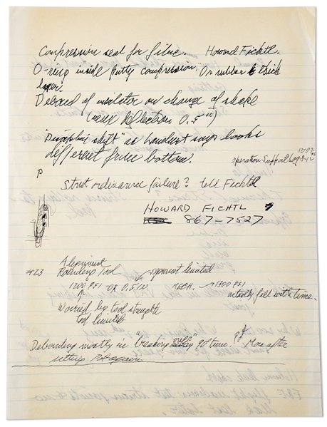 Richard Feynman Handwritten Document Regarding the Space Shuttle Challenger Disaster