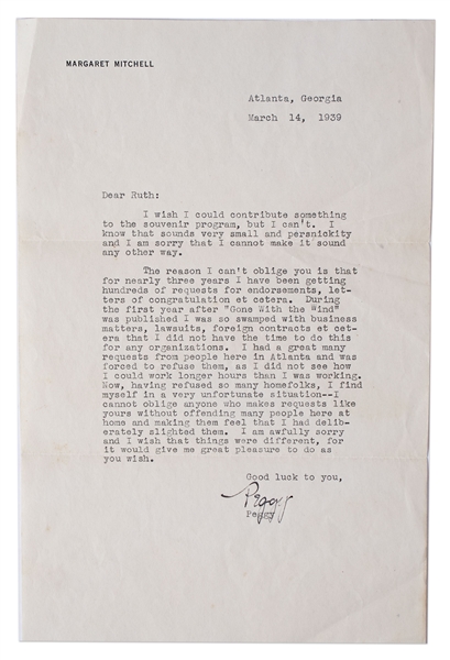 Margaret Mitchell Letter Signed From 1939 -- ''...During the first year after 'Gone With the Wind' was published I was so swamped with business matters, lawsuits, foreign contracts...''