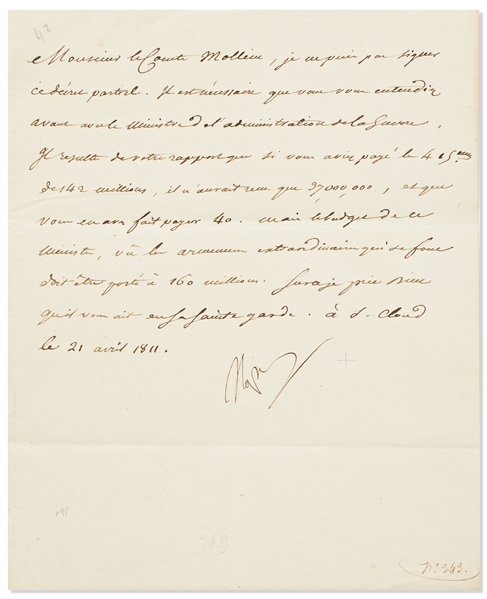 Napoleon Letter Signed to His Treasury Minister Regarding Funding the War Administration -- ''...considering the extraordinary arming which is being done, must be increased...''