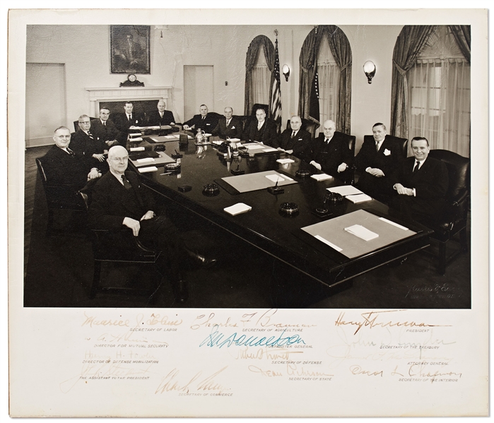 Harry Truman Signed Cabinet Photo Measuring 13'' x 11'' -- Signed by All 13 Members of His Cabinet Including Truman