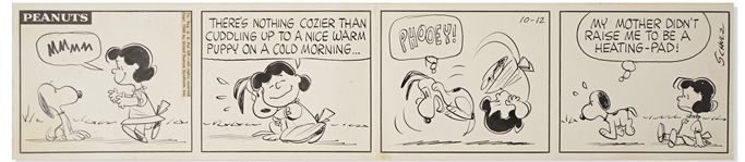 Original Charles Schulz 1960 Peanuts Comic Strip -- Lucy Tries to Cuddle With Snoopy