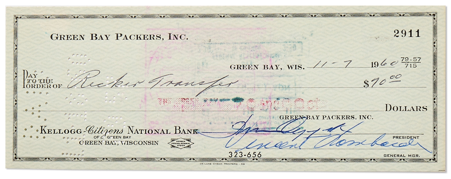 Vince Lombardi Check Signed on Green Bay Packers Checking Account, Dated November 1960
