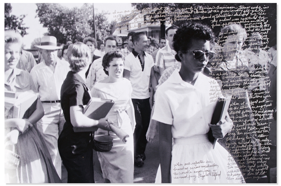 Elizabeth Eckford Handwritten Signed 20'' x 16'' Photo Essay From Her First Day of School as Part of the ''Little Rock Nine'' -- ''...Someone yelled 'Get a rope. Drag her over to the tree!'...''
